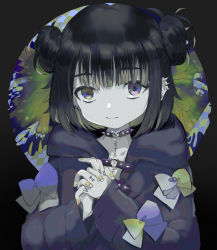 Rule 34 | 1girl, bad id, bad pixiv id, black background, black collar, black hair, black hoodie, brown hair, brown nails, closed mouth, collar, collarbone, commentary, double bun, ear piercing, hair bun, hands up, heart o-ring, highres, hood, hood down, hoodie, interlocked fingers, kayanogura, long sleeves, looking at viewer, multicolored hair, nail polish, original, own hands clasped, own hands together, pale skin, piercing, purple eyes, solo, spiked collar, spikes, two-tone hair, upper body