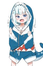 Rule 34 | 1girl, blue eyes, blue hair, blue hoodie, blush, cowboy shot, fins, fish tail, gawr gura, gawr gura (1st costume), hands up, highres, hololive, hololive english, hood, hood up, hoodie, long sleeves, looking at viewer, open mouth, shark tail, sharp teeth, simple background, sketch, standing, tail, teeth, utsusumi kio, virtual youtuber, white background