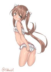Rule 34 | 10s, 1girl, adjusting clothes, adjusting swimsuit, ass, bad id, bad twitter id, bare arms, bare shoulders, bikini, blush, brown eyes, brown hair, cowboy shot, cropped legs, dark-skinned female, dark skin, ebifurya, eyebrows, frilled bikini, frills, from side, hair ribbon, highres, inactive account, kantai collection, libeccio (kancolle), long hair, looking back, parted lips, polka dot, polka dot ribbon, ribbon, simple background, solo, swimsuit, twintails, twitter username, very long hair, white background