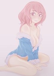 Rule 34 | 1girl, arm support, bare legs, barefoot, blush, breasts, cafeier, collarbone, commentary, english commentary, foot out of frame, highres, long hair, looking at viewer, medium breasts, no bra, no panties, off shoulder, open clothes, pink eyes, pink hair, saigyouji yuyuko, simple background, sitting, smile, solo, touhou