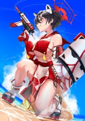 Rule 34 | 1girl, absurdres, animal ears, ballistic shield, black eyes, black hair, blue archive, blush, breasts, crop top, crop top overhang, elbow gloves, gloves, gun, hair between eyes, halo, highres, large breasts, open mouth, red gloves, red sailor collar, red skirt, riot shield, sailor collar, shield, short hair, sideboob, skirt, skorpion vz. 61, solo, submachine gun, tassel, thighs, tsubaki (blue archive), underboob, weapon, yo na