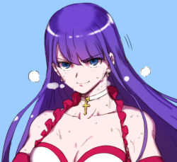 Rule 34 | 1girl, aoba (smartbeat), bare shoulders, bikini, blue eyes, breasts, choker, cleavage, collarbone, cross, cross choker, elbow gloves, fate/grand order, fate (series), gloves, large breasts, long hair, looking at viewer, martha (fate), martha (swimsuit ruler) (fate), martha (swimsuit ruler) (third ascension) (fate), purple hair, red gloves, smile, solo, sweat, swimsuit, white bikini
