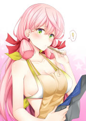 Rule 34 | !, 1girl, akashi (kancolle), alternate costume, apron, bikini, bikini under clothes, blueprint (object), gradient background, green eyes, hair between eyes, hair ribbon, kantai collection, long hair, looking at viewer, pencil, pink hair, red ribbon, ribbon, rui shi (rayze ray), solo, swimsuit, swimsuit under clothes