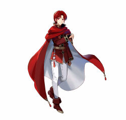 Rule 34 | 1boy, azelle (fire emblem), boots, brown footwear, cape, clenched hand, coat, fire emblem, fire emblem: genealogy of the holy war, fire emblem heroes, looking at viewer, nintendo, official art, pants, red cape, red coat, red eyes, red hair, smile, tobi (kotetsu), white pants