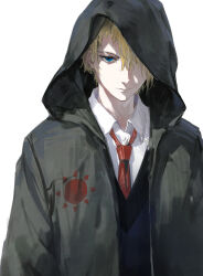 Rule 34 | black sweater, blonde hair, blue eyes, closed mouth, collared shirt, dino (dinoartforame), expressionless, hair over one eye, highres, hood, hood up, hooded jacket, hoshino aquamarine, jacket, looking at viewer, necktie, oshi no ko, red necktie, shirt, short hair, star-shaped pupils, star (symbol), star in eye, sweater, symbol-shaped pupils, symbol in eye, white background, white shirt