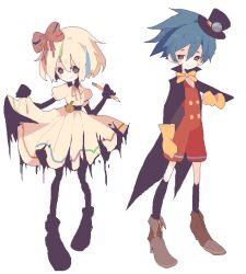 Rule 34 | 1boy, 1girl, blue hair, bow, bowtie, brown eyes, brown footwear, clothes lift, dress, full body, gloves, hair bow, hat, holding, holding pencil, kendy (revolocities), pencil, pixel art, short hair, skirt, skirt lift, smile, standing, top hat, yellow bow, yellow bowtie, yellow gloves