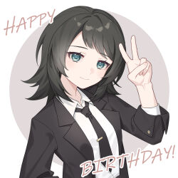 Rule 34 | 1girl, bang dream!, bang dream! it&#039;s mygo!!!!!, black hair, black jacket, black necktie, blue eyes, chinese commentary, closed mouth, collared shirt, commentary request, commission, english text, hand up, happy birthday, highres, jacket, long hair, looking at viewer, necktie, second-party source, shirt, smile, solo, tie clip, tsumalan, upper body, v, white shirt, yahata umiri