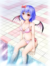 Rule 34 | 1girl, akatsuki no usagi, bare arms, bare legs, bare shoulders, bat wings, bikini, blue hair, bow, breasts, collarbone, commentary request, feet out of frame, frilled bikini, frills, front-tie bikini top, front-tie top, groin, hair between eyes, hair bow, halterneck, highres, looking at viewer, medium breasts, nail polish, navel, no headwear, pink bikini, pink ribbon, pool, red bow, red eyes, red nails, remilia scarlet, ribbon, shadow, short hair, side-tie bikini bottom, sitting, smile, soaking feet, solo, stomach, swimsuit, thighs, touhou, water, wings