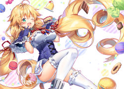 Rule 34 | 1girl, ahoge, ass, azur lane, blonde hair, blush, braid, breasts, cake, candy, capelet, chocolate, chocolate bar, doughnut, food, garter straps, gloves, green eyes, hand up, holding, holding plate, large breasts, le temeraire (azur lane), long hair, looking at viewer, low-tied long hair, macaron, one eye closed, open mouth, plate, red ribbon, ribbon, riichu, sidelocks, skirt, smile, solo, thighhighs, twin braids, underbust, very long hair, white thighhighs