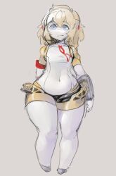 Rule 34 | 1girl, :/, aegis (persona), android, blonde hair, blue eyes, borvar, covered navel, leotard, persona, red ribbon, ribbon, shiny skin, shortstack, skin tight, solo, thick thighs, thighhighs, thighs, white leotard, white thighhighs, wide hips