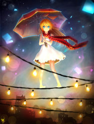 Rule 34 | 1girl, bare arms, bare shoulders, barefoot, blue eyes, brown hair, closed mouth, commentary request, dated, dress, highres, holding, jurrig, kirisaki chitoge, light bulb, long hair, nisekoi, red scarf, scarf, signature, smile, solo, string of light bulbs, umbrella, white dress