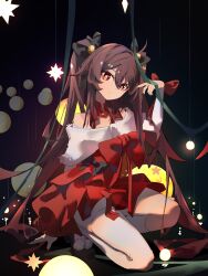 Rule 34 | 1girl, absurdres, black nails, brown hair, christmas, flower-shaped pupils, full body, genshin impact, highres, hu tao (genshin impact), long hair, looking at viewer, qixia, red eyes, sidelocks, symbol-shaped pupils, thighs, twintails