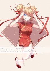 Rule 34 | 1girl, ahoge, arms up, blonde hair, blue eyes, blush, breasts, china dress, chinese clothes, commentary request, double bun, dress, english text, eyes visible through hair, full body, grin, hair bun, hair over one eye, hair ribbon, highres, looking at viewer, mo (pixiv9929995), original, pelvic curtain, red dress, red footwear, red ribbon, ribbon, shoes, short sleeves, small breasts, smile, thighhighs, watermark, white thighhighs
