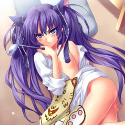 Rule 34 | 1girl, ass, blue eyes, blush, female focus, flat chest, indoors, little busters!, long hair, no bra, open clothes, open shirt, purple hair, sasasegawa sasami, shirt, sleeves rolled up, solo, twintails, zen