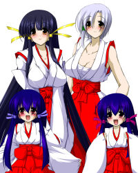 age_difference aq_interactive arcana_heart atlus black_hair blue_hair blush breasts brown_eyes child cleavage examu family hair_ribbon japanese_clothes kasuga_koito kasuga_kouta kasuga_maori kasuga_tsuzune large_breasts long_hair miko mon_deep_(mitsuki) multiple_girls open_mouth red_eyes ribbon short_hair siblings silver_hair sisters smile twins