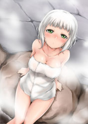 Rule 34 | 1girl, absurdres, blush, breasts, cleavage, from above, green eyes, highres, hitotsuki no yagi, looking at viewer, looking up, naked towel, original, short hair, sitting, solo, steam, towel, white hair