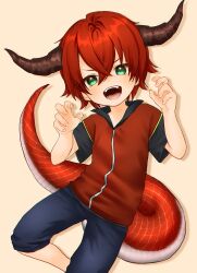 Rule 34 | 1boy, child, commentary request, fangs, furry, furry male, green eyes, hair between eyes, highres, horns, kemonomimi mode, lightning background, lizard tail, male focus, monster boy, original, red hair, reptile boy, scales, short sleeves, simple background, slit pupils, smile, solo, tail, teeth, toron 0812