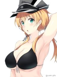 Rule 34 | 10s, 1girl, armpits, bikini, blonde hair, breasts, gin&#039;ichi (akacia), hair ornament, hat, huge breasts, jpeg artifacts, kantai collection, long hair, open mouth, peaked cap, prinz eugen (kancolle), solo, swimsuit, twintails