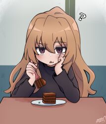 Rule 34 | 1girl, ?, aisaka taiga, black sweater, blush, brown eyes, cake, chocolate cake, commentary, dot nose, food, food on face, fork, hair between eyes, hand on own face, hands up, highres, holding, holding fork, indoors, jitome, koonowen, light brown hair, long hair, long sleeves, looking at viewer, open mouth, raised eyebrow, sidelocks, signature, solo, straight hair, sweater, symbol-only commentary, table, toradora!, triangle mouth, upper body