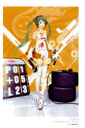 Rule 34 | 1girl, absurdres, bare shoulders, blue eyes, breasts, copyright notice, elbow gloves, female focus, full body, gloves, goodsmile company, green hair, hatsune miku, headphones, highres, legs, long hair, open mouth, race queen, racing miku, redjuice, see-through, shorts, small breasts, smile, solo, thighhighs, tire, twintails, very long hair, vest, vocaloid, white thighhighs