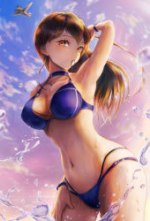 Rule 34 | 1girl, aircraft, alternate costume, alternate hairstyle, arm up, armpits, bikini, blue bikini, blue choker, blue sky, blue wristband, breasts, brown eyes, brown hair, choker, cleavage, cloud, collarbone, commentary request, cowboy shot, from below, hair down, hair tie in mouth, hand on own thigh, highres, isasin929, kaga (kancolle), kantai collection, large breasts, long hair, looking at viewer, mouth hold, navel, o-ring, o-ring bikini, sky, solo, splashing, swimsuit, water, wet