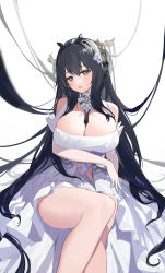 Rule 34 | 1girl, absurdres, antlers, azur lane, between breasts, black hair, blush, breast hold, breasts, cleavage, cleavage cutout, clothing cutout, cowboy shot, dress, flower, green eyes, hair between eyes, hair flower, hair ornament, highres, horns, huge breasts, indomitable (azur lane), long hair, looking at viewer, shenqi de (9), sidelocks, smile, solo, thighs, very long hair, white dress