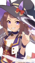 Rule 34 | alternate costume, animal ears, blush, breasts, brown hair, collar, commentary request, starting future (umamusume), grin, hair ribbon, hat, highres, horse ears, long hair, looking at viewer, nonono (1399900), purple eyes, ribbon, simple background, small breasts, smile, solo, sweep tosho (umamusume), twintails, umamusume, white background, witch hat