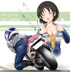 Rule 34 | 1girl, 2girls, ^ ^, alternate hairstyle, ass, black hair, blush, breasts, character name, cleavage, closed eyes, collarbone, dot nose, flick (sal23), flying sweatdrops, from behind, harada miyo, helmet, highres, honda, honda vfr, hot, idolmaster, idolmaster cinderella girls, idolmaster cinderella girls starlight stage, jumpsuit pull, large breasts, long sleeves, motor vehicle, motorcycle, multiple girls, multiple views, open mouth, orange shirt, partially unzipped, riding, shirt, short hair, smile, steam, sweat, twitter username, two-tone background, zipper, zipper pull tab