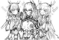 Rule 34 | 1girl, absurdres, character request, comb, embarrassed, greyscale, happy, headgear, highres, holding, holding comb, holding scissors, long hair, mechanical arms, mechanical parts, medium hair, monochrome, multiple persona, punishing: gray raven, rosetta (punishing: gray raven), scissors, shiokaze1409, sweatdrop