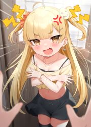 Rule 34 | 1girl, 1other, ahoge, anger vein, bangle, black camisole, black skirt, black thighhighs, blonde hair, blunt bangs, blurry, blurry foreground, blush, bracelet, breasts, brown eyes, camisole, commentary request, crop top, crossed arms, depth of field, door, fang, groin, hair ornament, hair scrunchie, hairclip, highres, indoors, jewelry, lightning bolt symbol, long hair, looking at viewer, navel, off-shoulder shirt, off shoulder, open mouth, orange scrunchie, original, pleated skirt, scrunchie, shirt, short sleeves, skirt, small breasts, solo focus, tears, thick eyebrows, thighhighs, tsukiman, two side up, v-shaped eyebrows, very long hair, yellow shirt