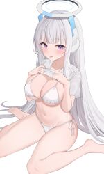Rule 34 | 1girl, :p, absurdres, bikini, blue archive, blush, breasts, cleavage, clothes lift, grey hair, halo, headphones, highres, hiyayo25, large breasts, long hair, looking at viewer, mechanical halo, noa (blue archive), purple eyes, shirt, shirt lift, side-tie bikini bottom, sidelocks, sweat, swimsuit, thighs, tongue, tongue out, white background, white bikini, white hair, white shirt