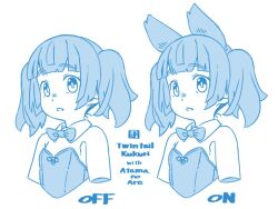 Rule 34 | 1girl, animal ears, bare shoulders, blue theme, bow, bowtie, cropped torso, detached collar, fox ears, kukuri (mawaru), leotard, mawaru (mawaru), monochrome, multiple views, no animal ears, original, parted lips, romaji text, simple background, strapless, strapless leotard, thick eyebrows, translation request, twintails, upper body, white background, wing collar