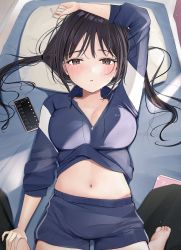 Rule 34 | 1boy, 1girl, arm up, barefoot, blush, book, breasts, brown eyes, brown hair, cellphone, cleavage, commentary request, dappled sunlight, futon, hand on leg, highres, jacket, large breasts, looking at viewer, lying, messy hair, midriff, navel, on back, original, out of frame, panties, panty peek, parted lips, phone, pillow, pink panties, pov, shorts, sitting, sunlight, sweat, track jacket, track suit, twintails, uiri-na, underwear, unzipped, wariza
