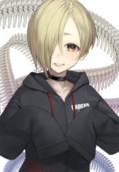 Rule 34 | 1girl, black choker, black hoodie, blonde hair, blood, blood on clothes, blush, choker, commentary request, grin, hair over one eye, hands up, highres, hood, hood down, hoodie, idolmaster, idolmaster cinderella girls, long sleeves, looking at viewer, nyatabe, shirasaka koume, short hair, skull, sleeves past fingers, sleeves past wrists, smile, solo, upper body, yellow eyes