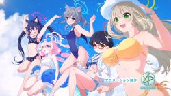 Rule 34 | 5girls, ahoge, animal ear fluff, animal ears, ayane (blue archive), ayane (swimsuit) (blue archive), bare shoulders, bikini, bikini top only, black bikini, black hair, blue-tinted eyewear, blue archive, blue eyes, bracelet, breasts, cat ears, cloud, cloudy sky, commentary request, competition swimsuit, covered navel, cross hair ornament, day, extra ears, feet out of frame, flat chest, flower, frilled bikini, frills, glasses, green eyes, grey hair, hair flower, hair ornament, halo, hat, hat flower, heterochromia, highres, hoshino (blue archive), hoshino (swimsuit) (blue archive), inflatable toy, jacket, jewelry, large breasts, light brown hair, long hair, looking ahead, medium breasts, multicolored clothes, multicolored swimsuit, multiple girls, navel, nonomi (blue archive), nonomi (swimsuit) (blue archive), off-shoulder bikini, off shoulder, official alternate costume, official art, one-piece swimsuit, open mouth, orange eyes, outdoors, parted lips, pink hair, pointy ears, red-framed eyewear, sakenomi akane, sandals, serika (blue archive), serika (swimsuit) (blue archive), shiroko (blue archive), shiroko (swimsuit) (blue archive), short hair, short shorts, shorts, sky, small breasts, striped bikini, striped clothes, sun hat, swept bangs, swimsuit, teeth, tinted eyewear, twintails, upper teeth only, white bikini, white headwear, white jacket, yellow bikini