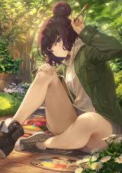 Rule 34 | 1girl, bag, black footwear, blue eyes, breasts, contemporary, drawstring, fate/grand order, fate (series), flower, green jacket, grey skirt, hair bun, highres, holding, holding paintbrush, hood, hooded sweater, jacket, katsushika hokusai (fate), knee up, legs, long sleeves, looking at viewer, mashuu (neko no oyashiro), octopus, open clothes, open jacket, paint, paintbrush, palette (object), plant, potted plant, purple hair, short hair, shoulder bag, single hair bun, sitting, sketchbook, skirt, solo, sweater, thighs, tokitarou (fate), tree, white sweater