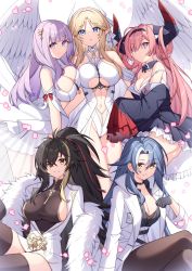 Rule 34 | 5girls, :o, antenna hair, ass, azur lane, bare shoulders, black collar, black dress, black gloves, black hair, black hairband, black shirt, blonde hair, blue eyes, blunt bangs, bodystocking, breast press, breasts, brest (azur lane), center opening, chkalov (azur lane), cleavage, cleavage cutout, closed mouth, clothing cutout, coat, coat dress, collar, collarbone, commentary, cross, crossed bangs, crossed legs, detached collar, dress, earrings, feathered wings, frilled dress, frilled sleeves, frills, fur trim, gloves, grey hair, groin, hair between eyes, hair on horn, hair ornament, hair over one eye, hair ribbon, hairband, hairclip, half gloves, hand up, harbin (azur lane), high-waist skirt, highres, horns, iron cross, jewelry, lab coat, large breasts, leotard, long hair, long sleeves, looking at viewer, medium breasts, mole, mole under eye, multicolored hair, multiple girls, navel, off shoulder, pantyhose, parted bangs, parted lips, pencil skirt, pink hair, plymouth (azur lane), pointy ears, ponytail, prinz rupprecht (azur lane), purple eyes, purple hair, red ribbon, ribbon, shirt, shirt tucked in, sideboob, sidelocks, simple background, sitting, skindentation, skirt, sleeveless, sleeveless dress, sleeves past fingers, sleeves past wrists, smile, sparkle, standing, streaked hair, stud earrings, t@ke-g, taut clothes, thighhighs, two-tone hair, underboob, underboob cutout, white background, white coat, white dress, white hair, white leotard, white wings, wings, yellow eyes, zettai ryouiki