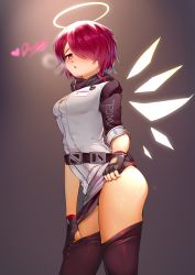 Rule 34 | 1girl, arknights, belt, black footwear, black gloves, black panties, black pantyhose, black skirt, blush, breasts, breath, clothes lift, clothes pull, contrapposto, cowboy shot, detached wings, english text, exusiai (arknights), fingerless gloves, gloves, gradient background, hair over one eye, halo, heart, heart-shaped pupils, heavy breathing, highres, jacket, lifting own clothes, lips, looking at viewer, medium breasts, miniskirt, name tag, open mouth, panties, panty peek, pantyhose, red eyes, red hair, short hair, simple background, skirt, skirt lift, smlltb, solo, standing, sweat, symbol-shaped pupils, thighhighs, thighs, turtleneck, underwear, white jacket, wings