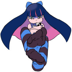 Rule 34 | 10s, 1girl, :&lt;, blue eyes, bow, colored inner hair, feet, foot focus, foreshortening, gothic lolita, hair ribbon, hime cut, lolita fashion, long hair, multicolored hair, official style, panty &amp; stocking with garterbelt, pink hair, purple hair, ribbon, solo, stocking (psg), striped clothes, striped thighhighs, thighhighs