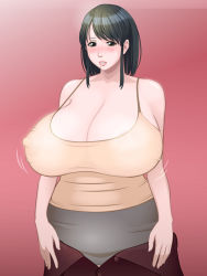 Rule 34 | 1girl, black hair, blush, bouncing breasts, breasts, cleavage, covered erect nipples, flying tree frog, hip focus, huge breasts, mature female, miniskirt, mole, nipples, see-through, skirt, solo, standing, tank top, undressing, wide hips
