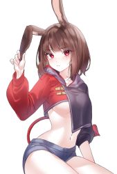Rule 34 | 1girl, absurdres, animal ears, black shirt, black shorts, breasts, brown hair, closed mouth, crop top, crop top overhang, demon tail, frown, hand on own ear, hand on own ear, hand up, highres, hood, hood down, long sleeves, looking at viewer, medium breasts, medium hair, micro shorts, midriff, navel, navel piercing, no bra, original, piercing, puffy sleeves, rabbit ears, raki kr, red eyes, red shirt, shirt, short shorts, shorts, simple background, solo, stomach, tail, thighs, two-tone shirt, underboob, v-shaped eyebrows, white background