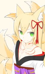 Rule 34 | 1girl, animal ear fluff, animal ears, blonde hair, collarbone, dongflame, flat chest, fox ears, fox tail, green eyes, hair ornament, highres, japanese clothes, kimono, mon-musu quest!, sidelocks, smile, solo, tail, tamamo (mon-musu quest!), tattoo, white background