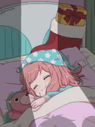 Rule 34 | 1girl, ^ ^, absurdres, anya (spy x family), blue pajamas, blush, bow, box, child, christmas, christmas stocking, closed eyes, closed mouth, commentary request, director chimera (spy x family), gift, gift box, hat, head on pillow, highres, indoors, lying, nightcap, on bed, on side, oyasumisuya, pajamas, pillow, red bow, red ribbon, ribbon, sleeping, smile, solo, split mouth, spy x family, star (symbol), star print, twitter username, under covers