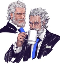 Rule 34 | 1boy, beard, blind, blue eyes, cup, dopey (dopq), drinking, facial hair, glasses, hair slicked back, holding, holding cup, male focus, mature male, mug, multiple views, mustache, necktie, old, old man, overwatch, overwatch 1, reinhardt (overwatch), round eyewear, scar, scar across eye, scar on face, short hair, thick eyebrows, white background, white hair