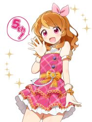 Rule 34 | 1girl, :d, aikatsu!, aikatsu! (series), bead necklace, beads, blush, bow, commentary request, cowboy shot, dress, frilled dress, frills, gloves, hand up, highres, idol clothes, jewelry, long hair, looking at viewer, mijumaruko, necklace, ozora akari, open mouth, orange hair, pink bow, pink dress, pink eyes, puffy short sleeves, puffy sleeves, short sleeves, smile, solo, sparkle, speech bubble, standing, white background, white gloves