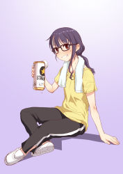 Rule 34 | 1girl, alcohol, beer, beer can, brown eyes, can, drink can, glasses, gradient background, grin, holding, long hair, oogaki chiaki, pants, ponytail, purple hair, sakaki imasato, shirt, simple background, sitting, smile, solo, sweat, t-shirt, towel, towel around neck, track pants, yurucamp, yurucamp movie