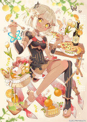 Rule 34 | 1girl, asymmetrical footwear, asymmetrical legwear, black dress, black thighhighs, blonde hair, blunt bangs, bottle, breasts, bug, butterfly, closed mouth, cocktail glass, commentary request, cup, cutting board, dark-skinned female, dark skin, dress, drinking glass, eating, flower, food, food on face, fork, frederica (game), fruit, full body, hair ornament, hands up, high heels, highres, holding, holding flower, holding food, holding fork, holding pizza, insect, looking at viewer, orange (fruit), orange slice, picnic basket, pizza, pizza slice, pointy ears, princess (frederica), rabbit, short hair, shorts, single thighhigh, sitting, small breasts, smile, solo, thighhighs, tongue, tongue out, tulip, uekura eku, white flower, white shorts, wine bottle, yellow eyes, yellow flower