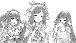 Rule 34 | 3girls, age difference, aged up, ainu clothes, animal ears, aquaplus, arms up, black hair, breasts, closed eyes, family, flower, flower on head, greyscale, hair ornament, height difference, jewelry, kuon (utawarerumono), kuon apprentice, large breasts, long hair, long sleeves, looking at another, monochrome, mother and daughter, multiple girls, necklace, open mouth, oreo dhc, ponytail, raised eyebrows, sidelocks, swept bangs, upper body, utawarerumono, utawarerumono: itsuwari no kamen, utawarerumono: lost flag, very long hair, wavy hair, wide sleeves, yuzuha (utawarerumono)