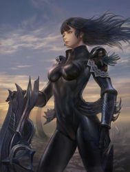 Rule 34 | 1girl, armor, black bodysuit, black gloves, black hair, blue eyes, bodysuit, bracer, breasts, gloves, highres, long hair, looking to the side, meia (final fantasy), mobius final fantasy, outdoors, ruins, small breasts, solo, standing, suranaki, twilight