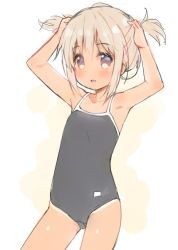 Rule 34 | 1girl, armpits, arms up, blush, brown eyes, brown hair, bunching hair, competition school swimsuit, dark skin, dark-skinned female, hands on own head, meito (maze), one-piece swimsuit, open mouth, original, school swimsuit, short hair, solo, swimsuit, tan, tanline